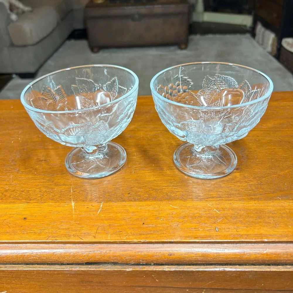 Vintage Clear Pressed Glass Fruit Embossed Footed Dessert Bowls Set of 2
